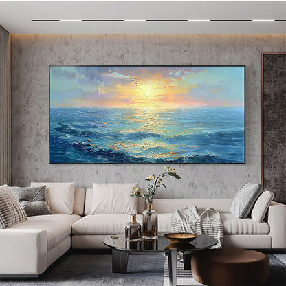 Hand Painted Original Seascape Oil Painting On Canvas Large Abstract Textured Sea Landscape Sunrise Ocean Wall Art Custom Modern Trendy Living Room Decor