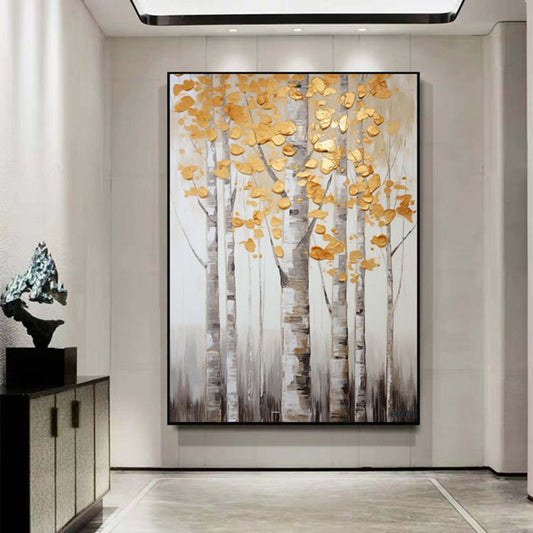 Handmade Oil Painting Original Landscape Painting Birch Trees Painting Gray Gold Wall Art Extra Large Wall Art Painting Modern Wall Decor Contemporary Art