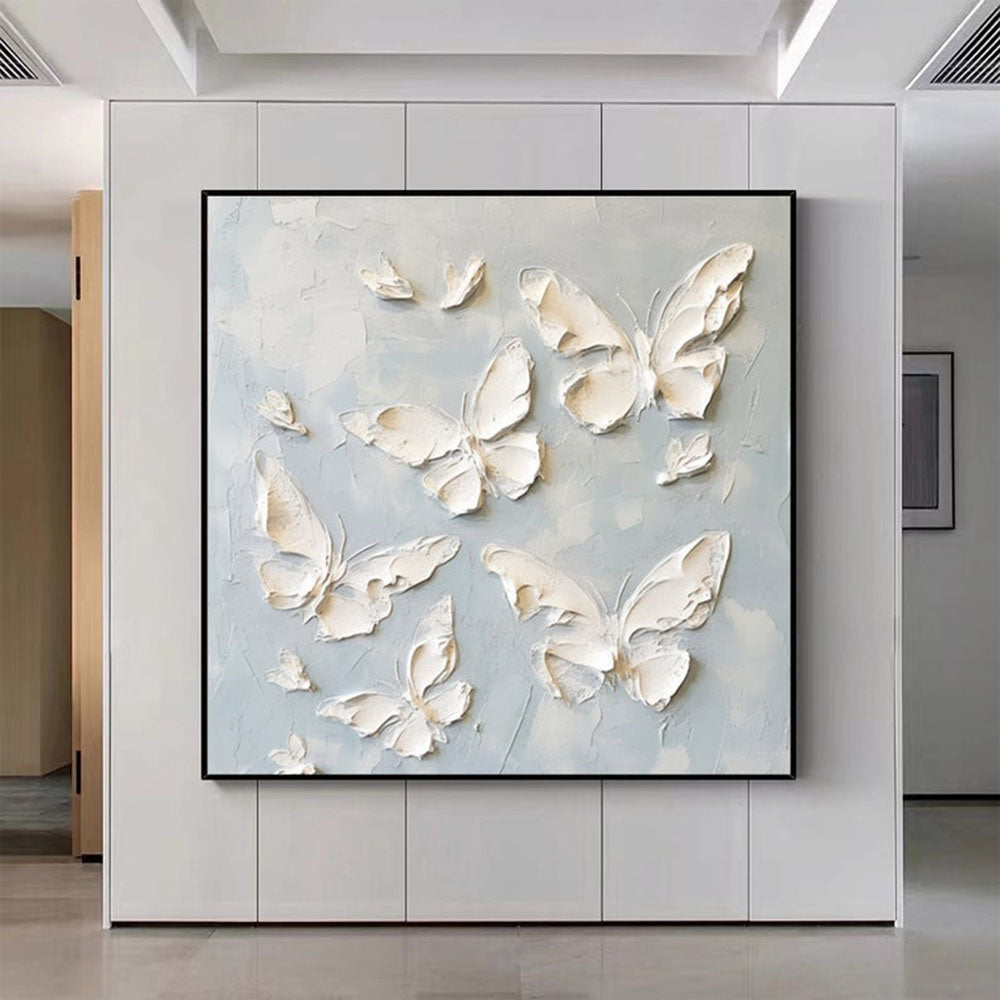 Hand Painted Blue Wall Animal Oil Painting Canvas Wall Art White Beautiful Butterfly Textured Art Custom Butterfly Painting Butterfly Wall Art Minimalist Home Decor