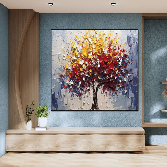 Handmade Oil Painting Yellow And Red Abstract Tree Art On Canvas Colorful Painting Wall Art For Home Decor Modern Textured Painting Wall Decor Living Room