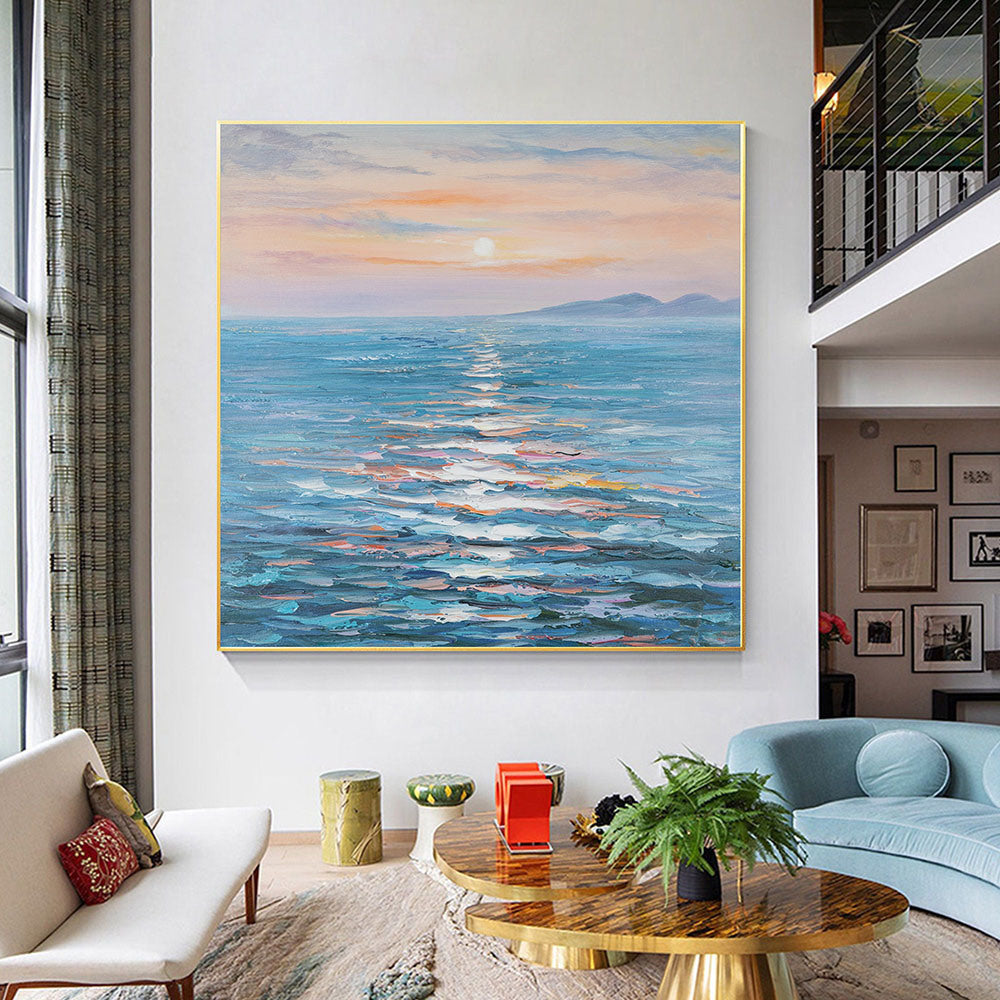 Handmade Oil Painting Large Abstract Modern Ocean View Colorful Sunset Palette Knife Wall Art Seascape Painting Original Sunrise Square Painting Oil Heavy Texture