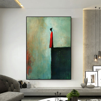 Original Lonely Figure Handmade Oil Painting On Canvas Large Abstract Teal Red Figurative Wall Art Custom Minimalist Home Living Room Decor Gift