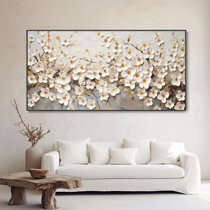 Spring Blooming Pear Hand Painted Blossom Landscape Oil Painting Hand Heavy Textured White Floral Art Modern Elegant Home Wall Decor Customizable Gift