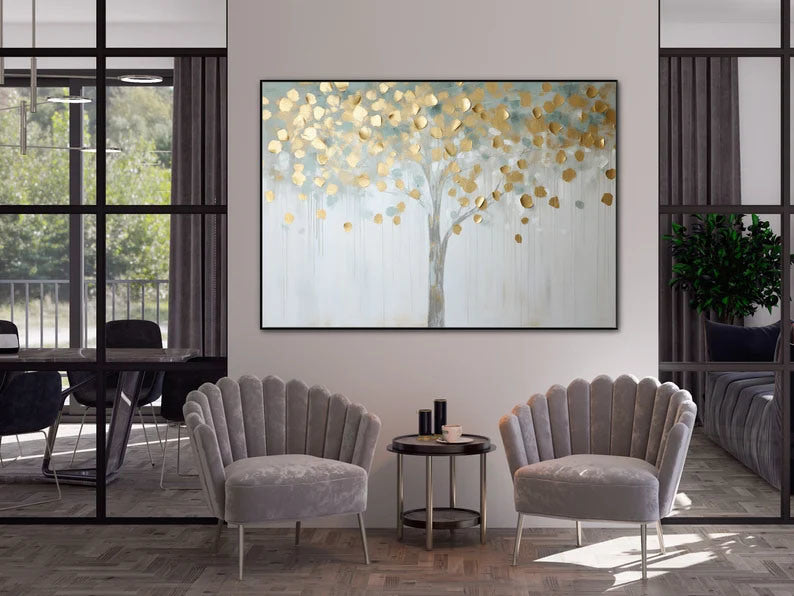 Golden Tree 100% Handmade Gold Leaf Tree Tree Leaves Textured Painting Acrylic Abstract Oil Painting Wall Decor Living Room Modern