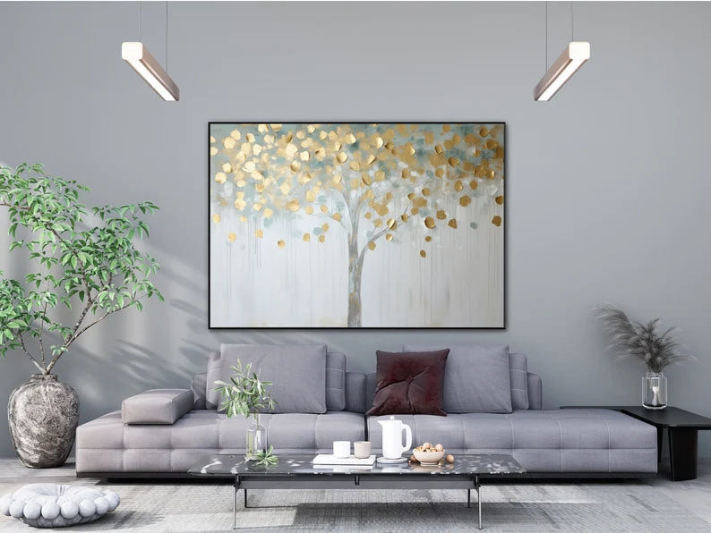 Golden Tree 100% Handmade Gold Leaf Tree Tree Leaves Textured Painting Acrylic Abstract Oil Painting Wall Decor Living Room Modern