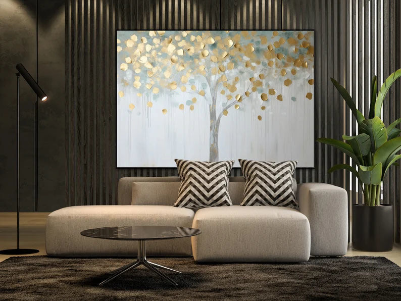 Golden Tree 100% Handmade Gold Leaf Tree Tree Leaves Textured Painting Acrylic Abstract Oil Painting Wall Decor Living Room Modern