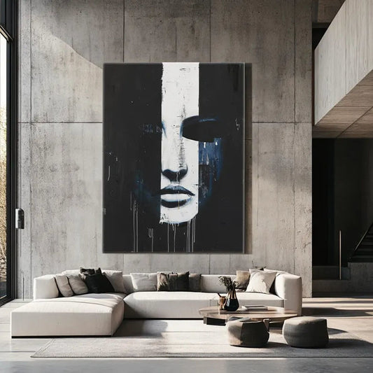 Abstract Face Art Black and White Minimalist Portrait Modern Figure Wall Art Emotional Hand Painted Oil Painting