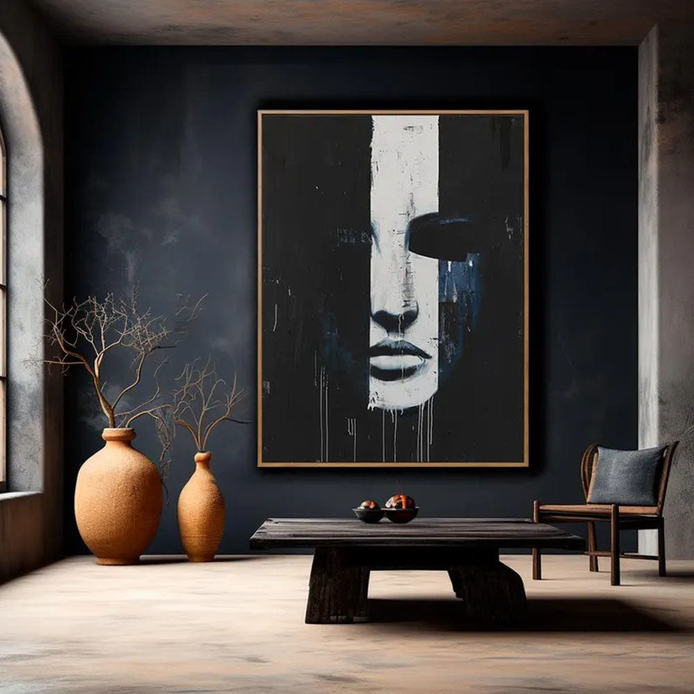 Abstract Face Art Black and White Minimalist Portrait Modern Figure Wall Art Emotional Hand Painted Oil Painting