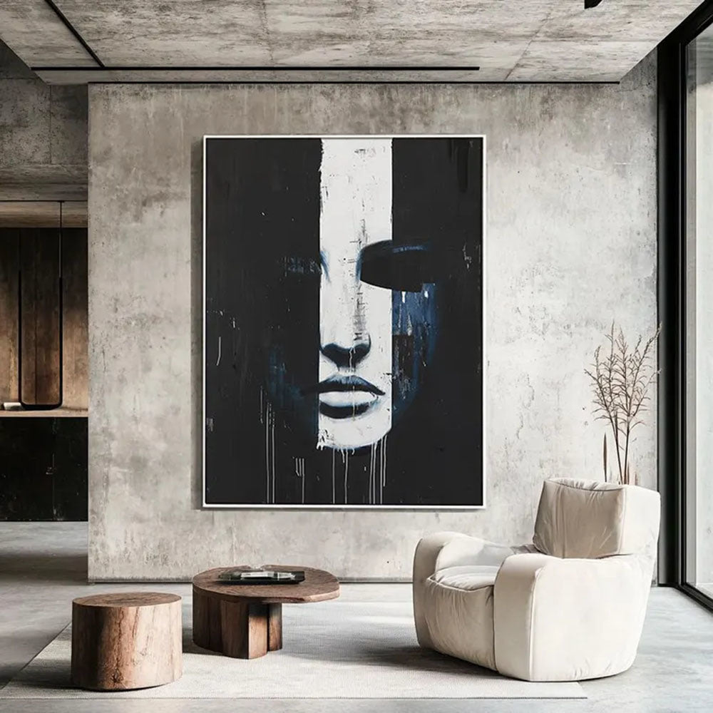 Abstract Face Art Black and White Minimalist Portrait Modern Figure Wall Art Emotional Hand Painted Oil Painting