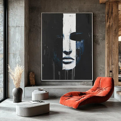 Abstract Face Art Black and White Minimalist Portrait Modern Figure Wall Art Emotional Hand Painted Oil Painting