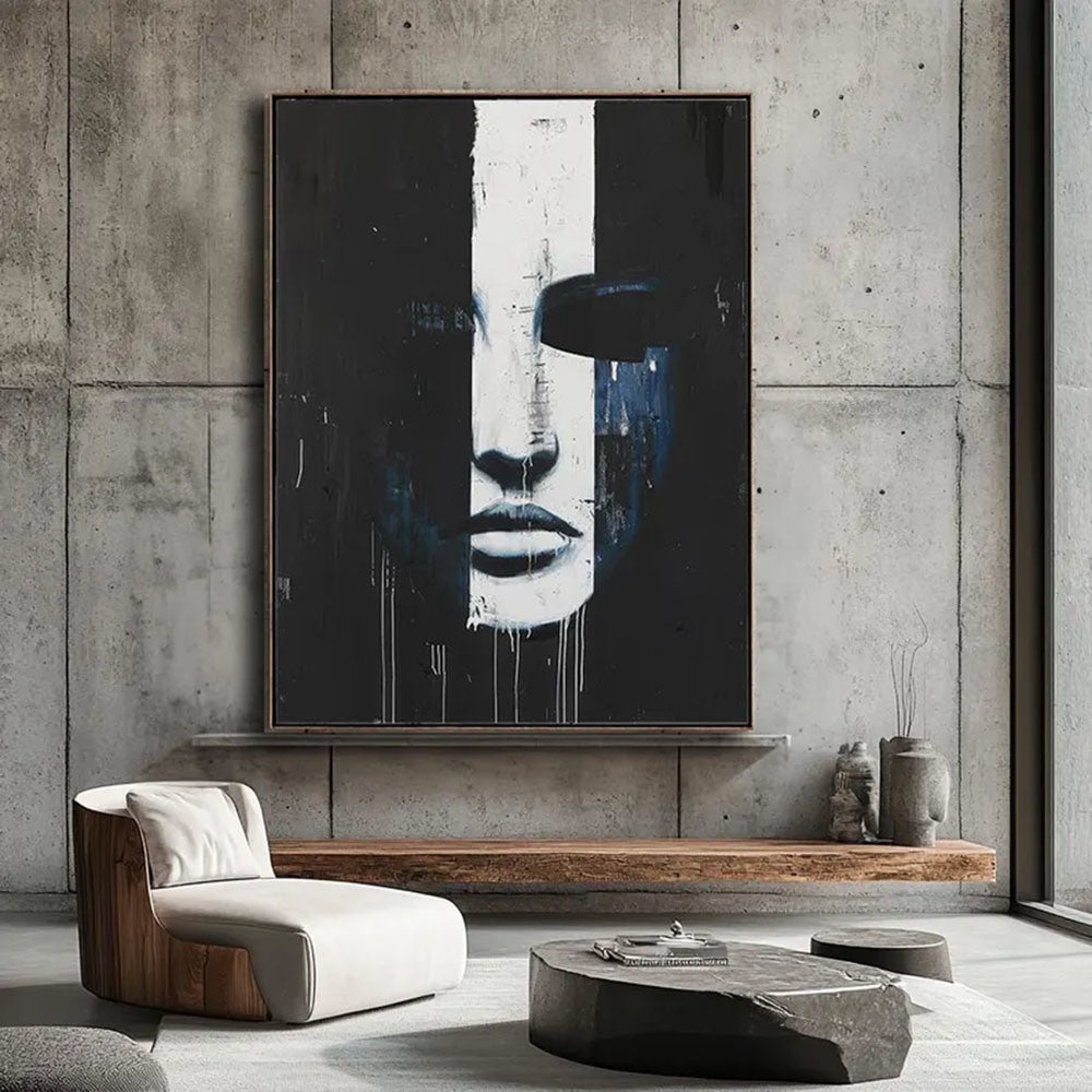 Abstract Face Art Black and White Minimalist Portrait Modern Figure Wall Art Emotional Hand Painted Oil Painting