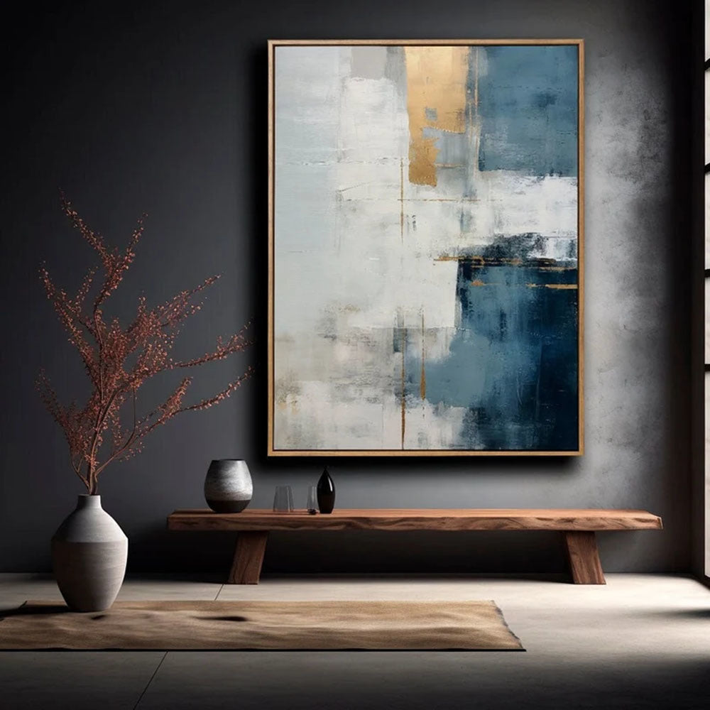 Gold and Navy Blue Gray and White Abstract Art Modern Art Oil  Painting Brush Strokes Minimalist Figure Wall Art