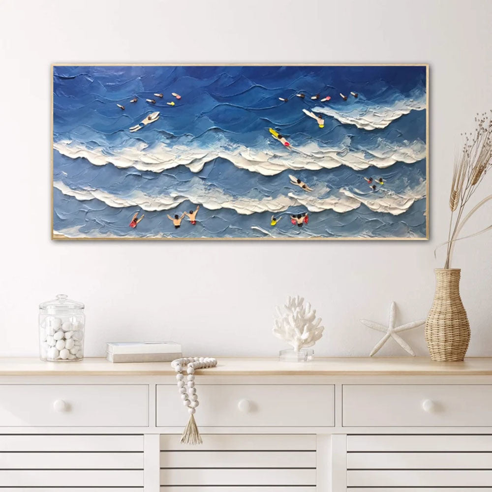 Landscape Family Beach Day Beach Joy Waves Coastal Abstract Custom Modern Hampton Large Hand Painted Thick Texture Palette Knife Painting