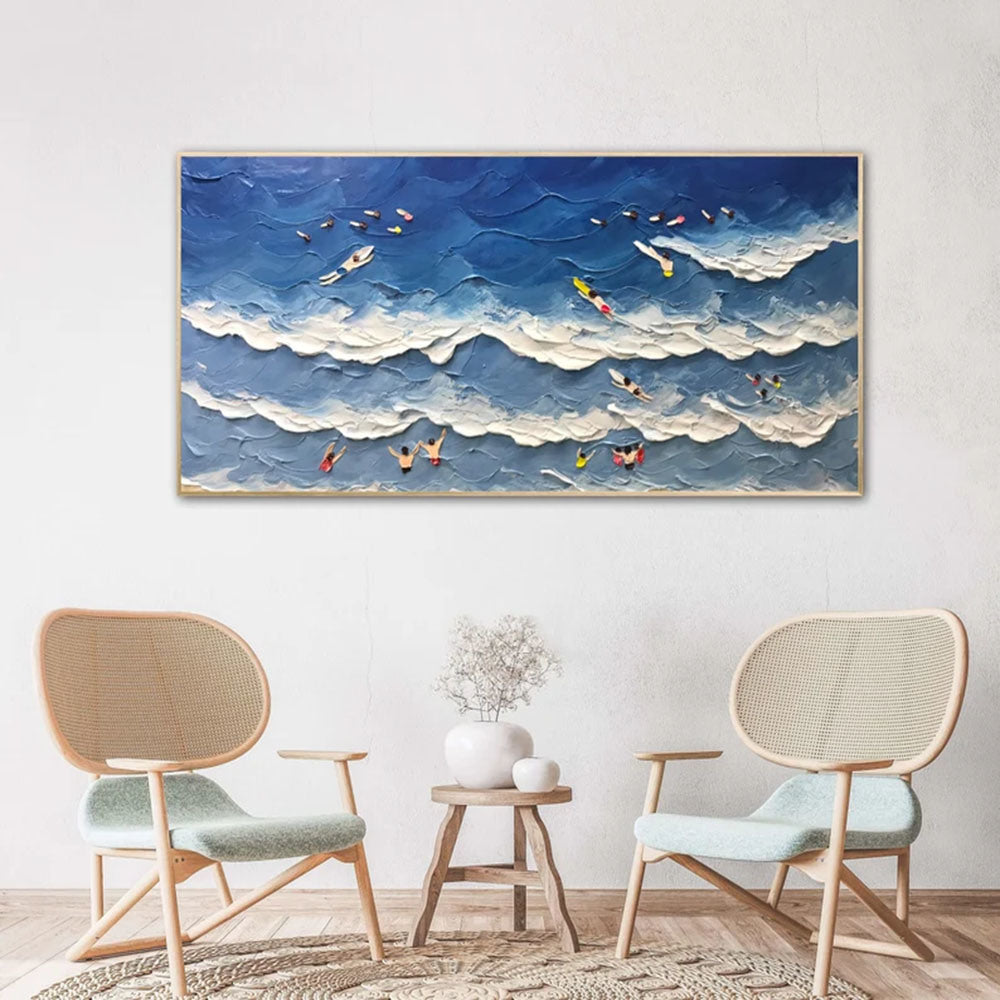 Landscape Family Beach Day Beach Joy Waves Coastal Abstract Custom Modern Hampton Large Hand Painted Thick Texture Palette Knife Painting