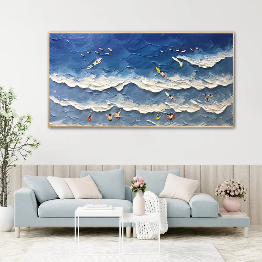 Landscape Family Beach Day Beach Joy Waves Coastal Abstract Custom Modern Hampton Large Hand Painted Thick Texture Palette Knife Painting