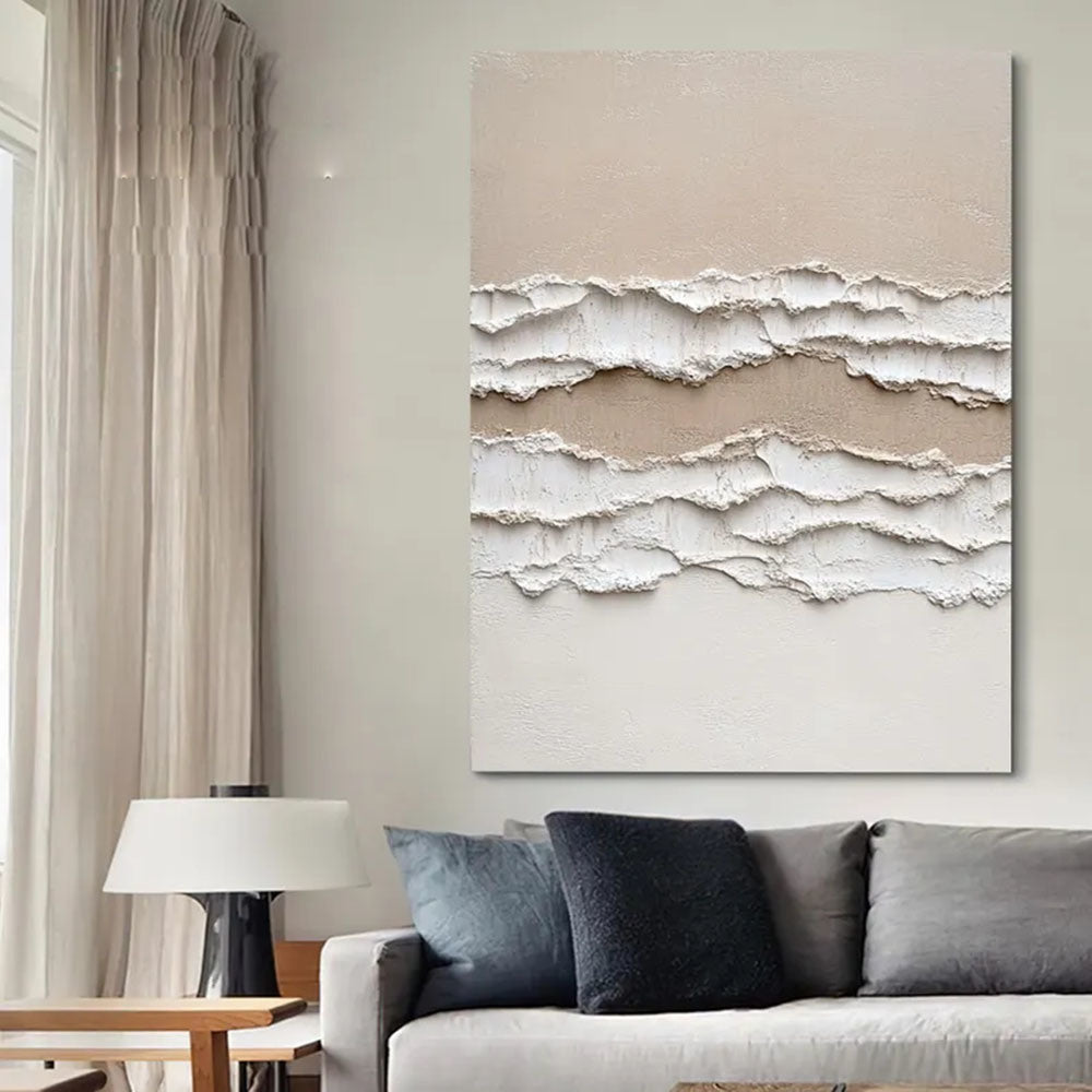 Original 3D Ocean Beach Painting Minimalist Landscape Abstract Painting Neutral 3D Textured Wall Art Abstract Wave Art Living Room Decor