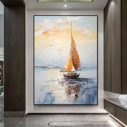 Large Blue Seascape Wall Painting Abstract Sailing Oil Painting Original Ocean Sailboat Art Sea Landscape Painting Living Room Wall Decor