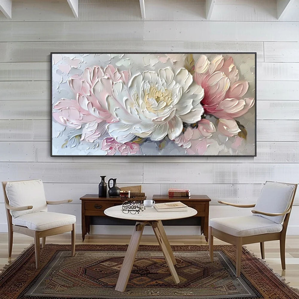 3D Palette Knife Painting Abstract White Peony Texture Wall Art Blossoming Pink Flowers Canvas Oil Painting Exquisite Living Room Decor