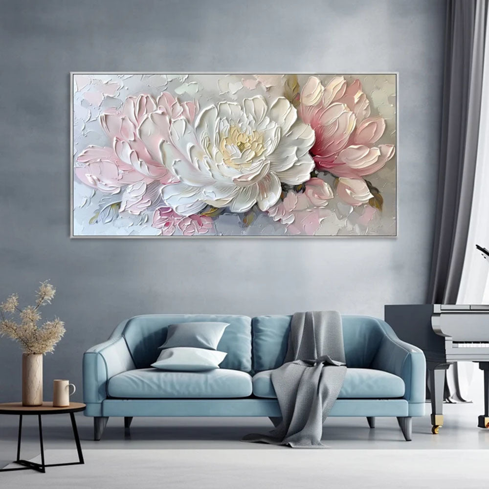 3D Palette Knife Painting Abstract White Peony Texture Wall Art Blossoming Pink Flowers Canvas Oil Painting Exquisite Living Room Decor