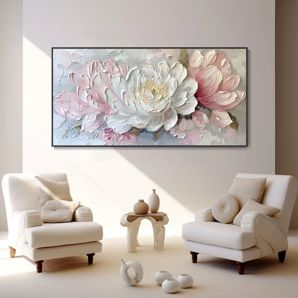 3D Palette Knife Painting Abstract White Peony Texture Wall Art Blossoming Pink Flowers Canvas Oil Painting Exquisite Living Room Decor