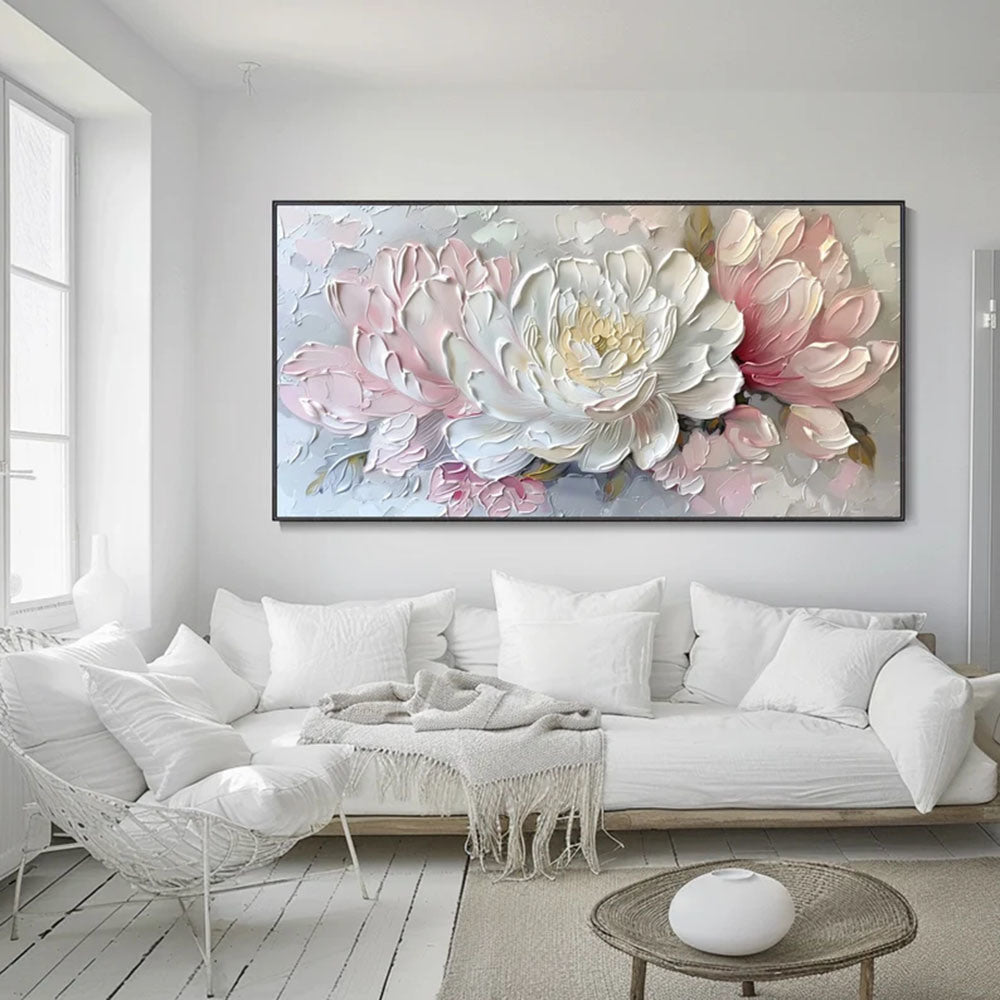 3D Palette Knife Painting Abstract White Peony Texture Wall Art Blossoming Pink Flowers Canvas Oil Painting Exquisite Living Room Decor