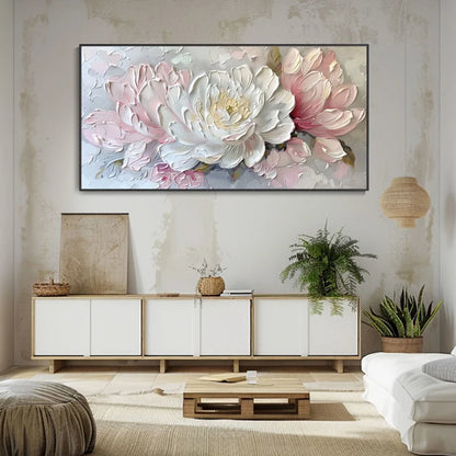 3D Palette Knife Painting Abstract White Peony Texture Wall Art Blossoming Pink Flowers Canvas Oil Painting Exquisite Living Room Decor