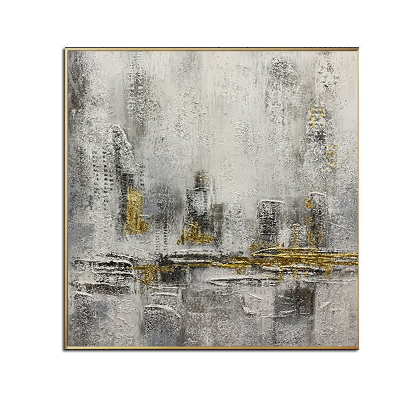 100% Handmade Gold Foil Abstract Oil Painting  Wall Art Modern Minimalist City Building Canvas Home Decor For Living Room No Frame