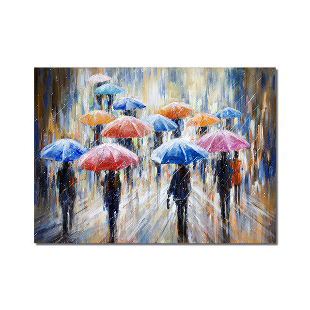 Large Abstract People Walking In The Rain With Umbrellas Painting 100% Handmade Oil Painting On Canvas Modern Decorative Wall Art