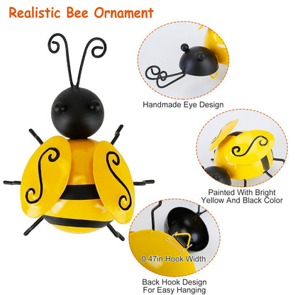 4Pcs Bumble Bee Set Ornament 3D Iron Hanging Bee Wall Decor Art Sculpture Statues Decorations