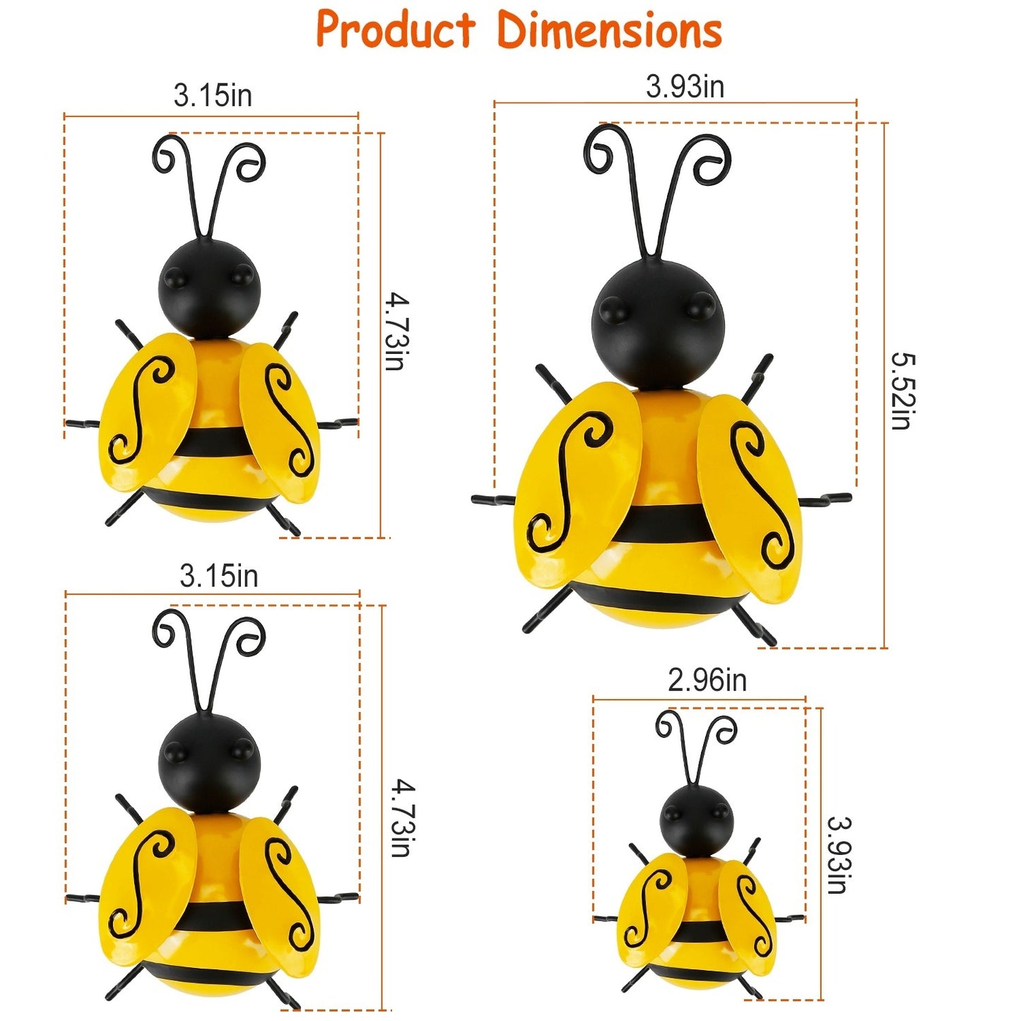 4Pcs Bumble Bee Set Ornament 3D Iron Hanging Bee Wall Decor Art Sculpture Statues Decorations