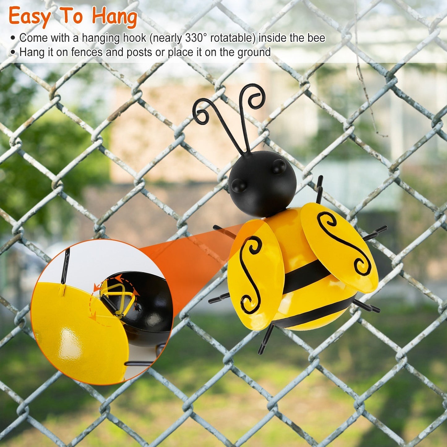 4Pcs Bumble Bee Set Ornament 3D Iron Hanging Bee Wall Decor Art Sculpture Statues Decorations