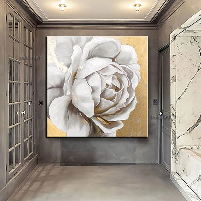 Original hand-painted oil painting gold foil peony porch decoration painting modern light luxury living room background wall restaurant large painting