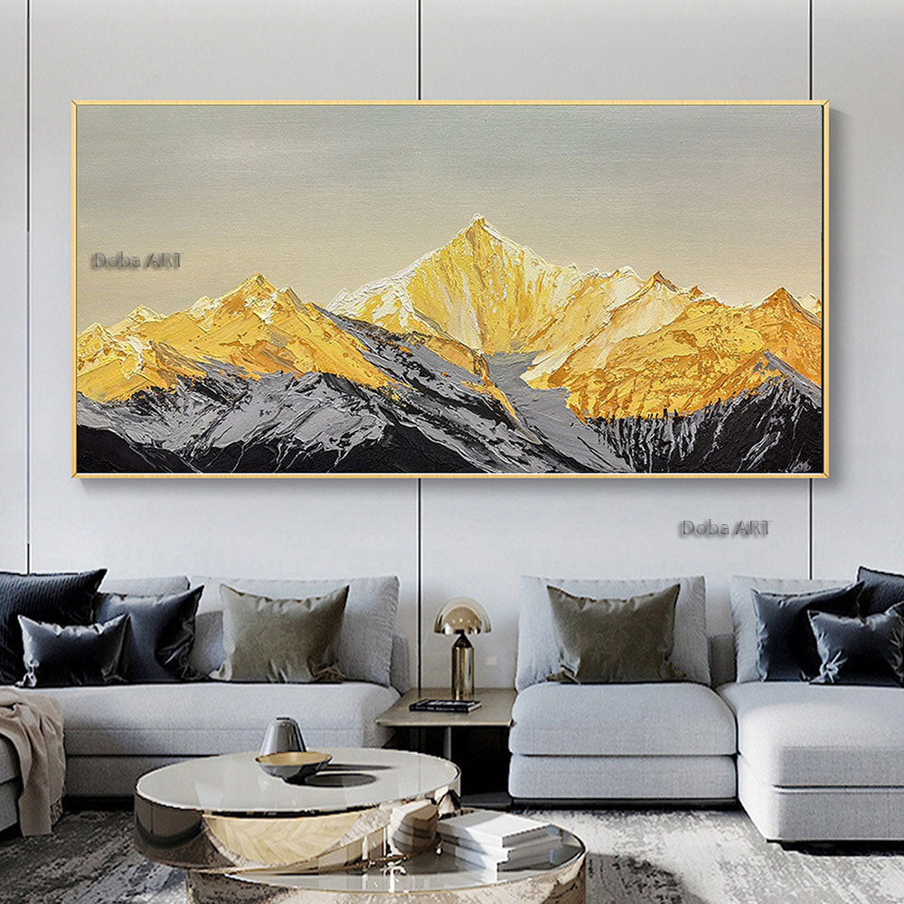 Handmade Original Golden Mountain Oil Painting Abstract Gold Painting Snow Mountain Painting Living Room Decor Winter Snow Scene Living Room hallway bedroom luxurious decorative painting