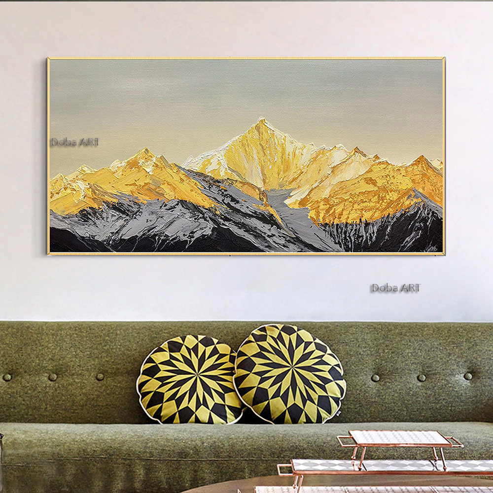 Handmade Original Golden Mountain Oil Painting Abstract Gold Painting Snow Mountain Painting Living Room Decor Winter Snow Scene Living Room hallway bedroom luxurious decorative painting