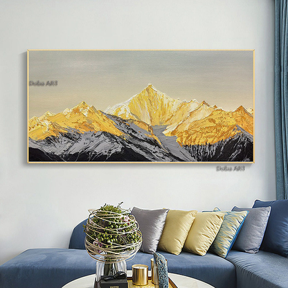 Handmade Original Golden Mountain Oil Painting Abstract Gold Painting Snow Mountain Painting Living Room Decor Winter Snow Scene Living Room hallway bedroom luxurious decorative painting