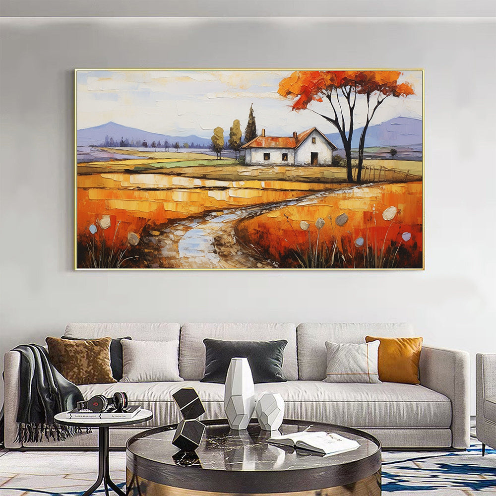 Hand Painted Oil Painting Original Village Landscape Oil Painting on Canvas Large Wall Art Minimalist Abstract Wall Art Orange Boho Wall Decor Living Room Decor