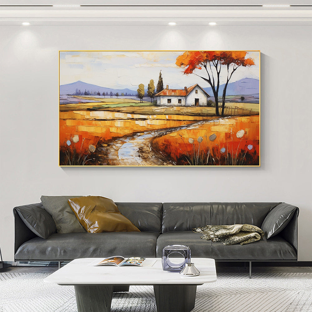 Hand Painted Oil Painting Original Village Landscape Oil Painting on Canvas Large Wall Art Minimalist Abstract Wall Art Orange Boho Wall Decor Living Room Decor