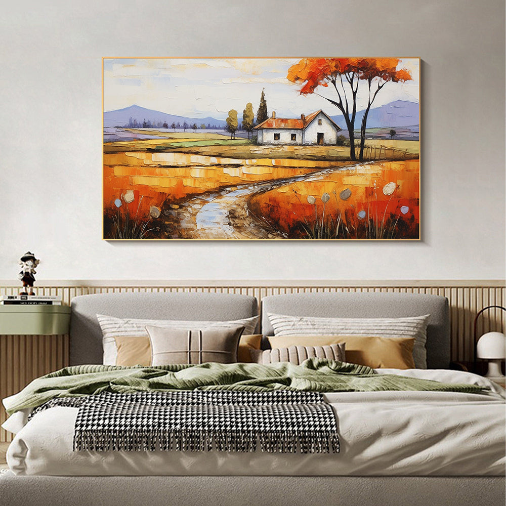 Hand Painted Oil Painting Original Village Landscape Oil Painting on Canvas Large Wall Art Minimalist Abstract Wall Art Orange Boho Wall Decor Living Room Decor