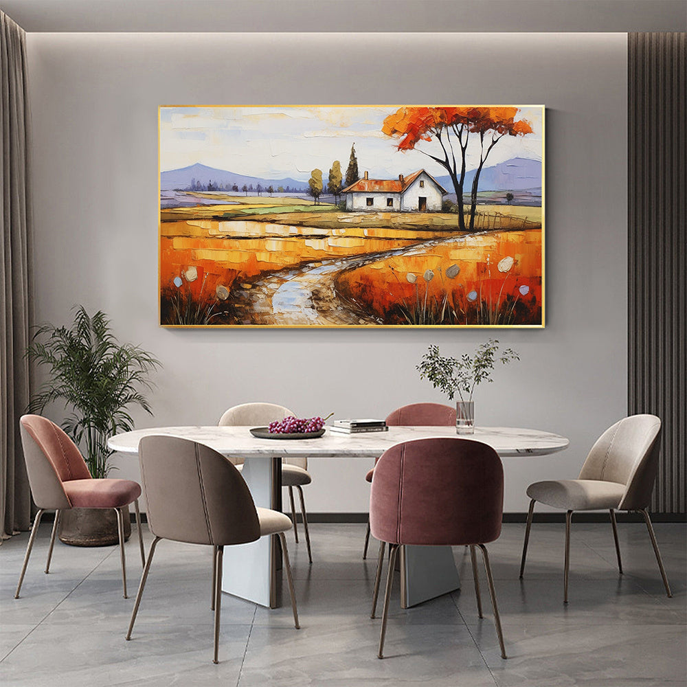 Hand Painted Oil Painting Original Village Landscape Oil Painting on Canvas Large Wall Art Minimalist Abstract Wall Art Orange Boho Wall Decor Living Room Decor