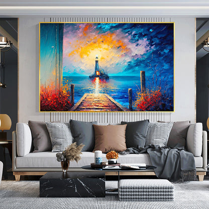 Hand Painted Oil Painting Abstract Coastal Landscape Oil Painting On Canvas Large Wall Art Original Lighthouse Painting Sunset Painting Custom Painting Home Decor