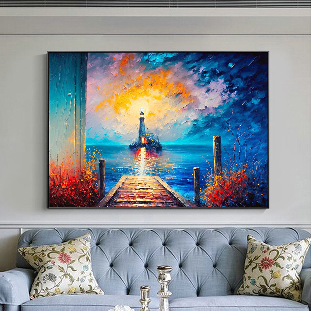 Hand Painted Oil Painting Abstract Coastal Landscape Oil Painting On Canvas Large Wall Art Original Lighthouse Painting Sunset Painting Custom Painting Home Decor