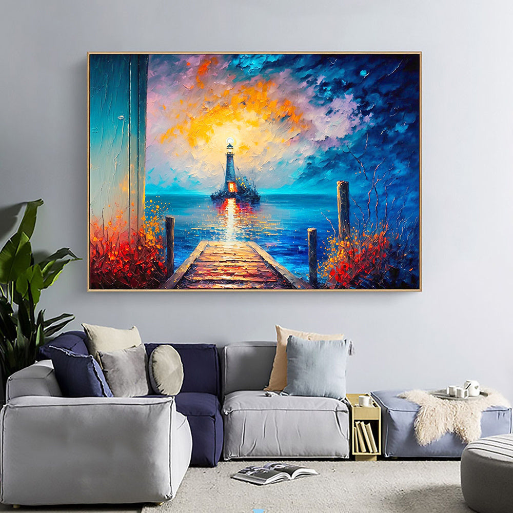 Hand Painted Oil Painting Abstract Coastal Landscape Oil Painting On Canvas Large Wall Art Original Lighthouse Painting Sunset Painting Custom Painting Home Decor