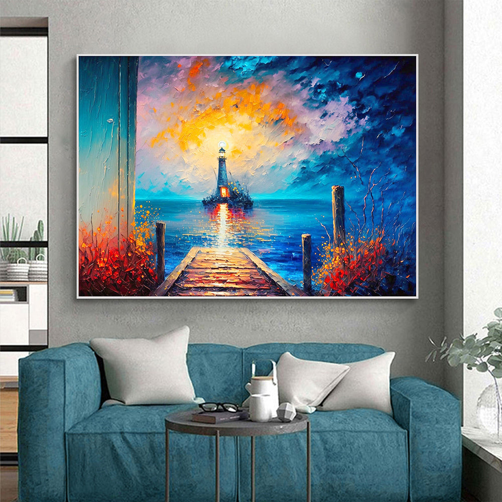 Hand Painted Oil Painting Abstract Coastal Landscape Oil Painting On Canvas Large Wall Art Original Lighthouse Painting Sunset Painting Custom Painting Home Decor