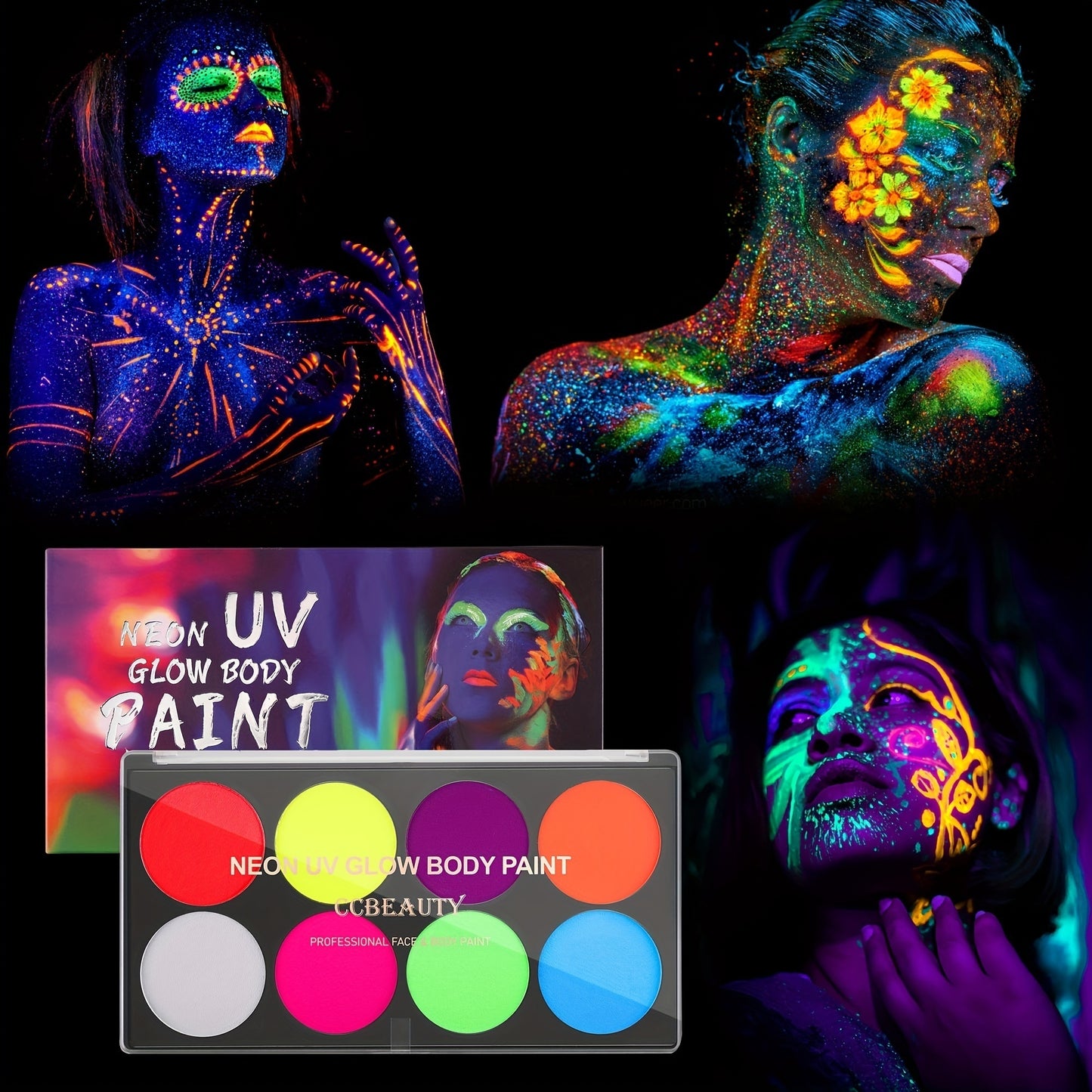 CC Beauty UV Glow Face Body Paint Palette, 8 Neon Glow In Black Lights Face Paint Kit, Water Activated Eyeliner, Safe Washable Adult, Halloween Makeup Costume Masquerades Club Makeup + 10 Brushes