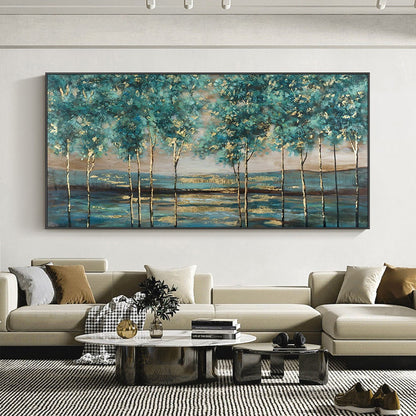 Hand Painted Oil Painting Green Forest Painting on Canvas Abstract Gold Foil Oil Painting Trees Landscape Nature Textured Acrylic Painting Large Wall Art Home Decor