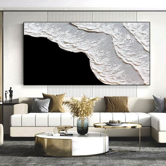 Hand Painted Oil Painting Large Black and White Painting Original Black and White Ocean Wave Art White Texture Wall Art Black Abstract Painting Living Room Decoration