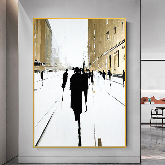 Hand Painted Oil Painting Original Cityscape Oil Painting on Canvas Modern Wall Art Abstract Gold Foil Art Building Figure Outline Painting Living room Wall Decor