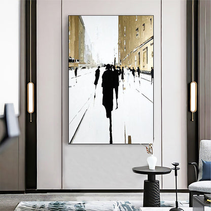 Hand Painted Oil Painting Original Cityscape Oil Painting on Canvas Modern Wall Art Abstract Gold Foil Art Building Figure Outline Painting Living room Wall Decor