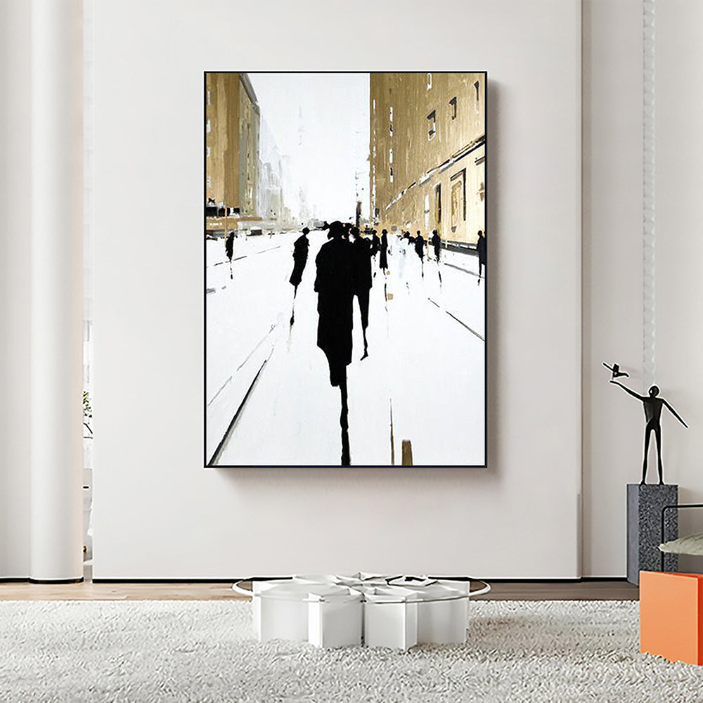 Hand Painted Oil Painting Original Cityscape Oil Painting on Canvas Modern Wall Art Abstract Gold Foil Art Building Figure Outline Painting Living room Wall Decor