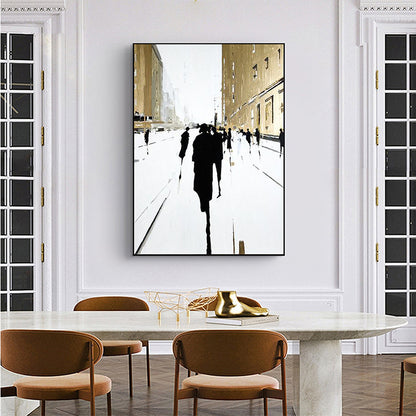 Hand Painted Oil Painting Original Cityscape Oil Painting on Canvas Modern Wall Art Abstract Gold Foil Art Building Figure Outline Painting Living room Wall Decor